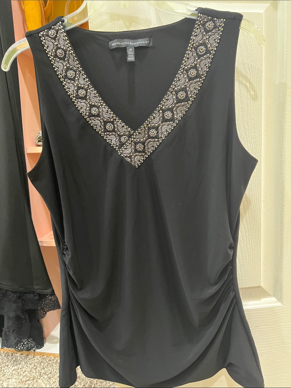 White House Black Market Black Sleeveless V-Neck Top with Beaded Trim